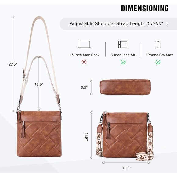 Brown Quilted Vegan Leather Crossbody Bag for Women with RFID Card Slots, Travel - Picture 6 of 7